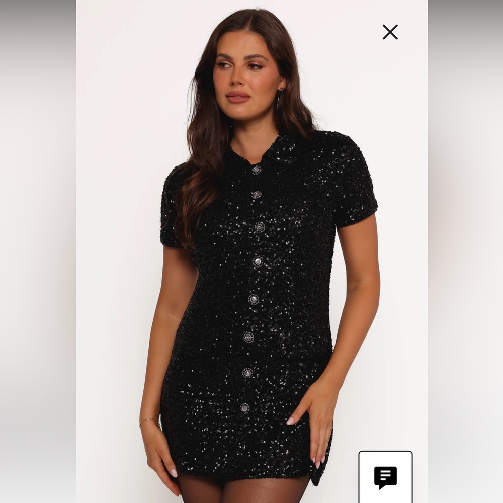 NWT Petal & Pup McKenzie Sequin Black Button Up Collar Mini Dress XS - Picture 2 of 16